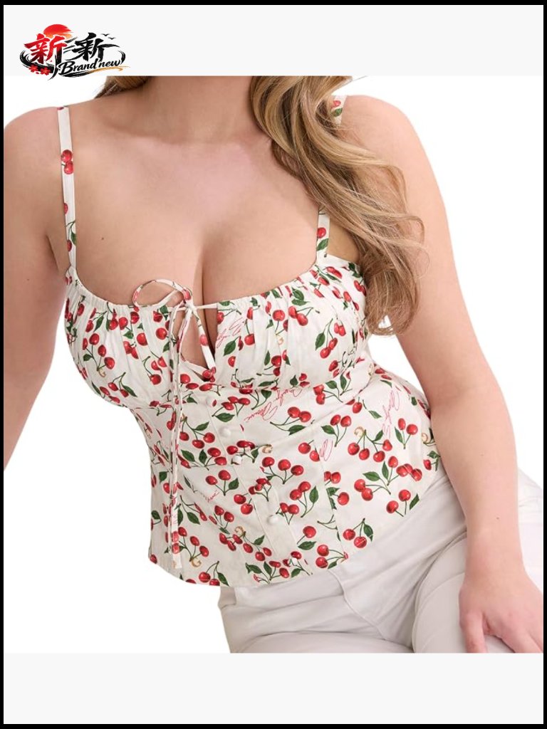Bustier Top With Cherry Print, Adjustable Straps, Front Zipper